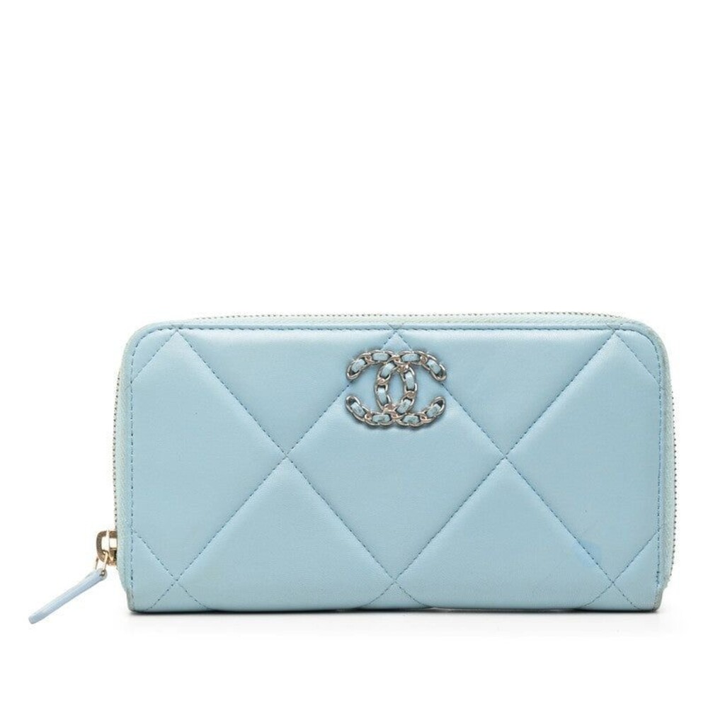 Chanel Lambskin 19 Matelasse CC Logo Long Zip Wallet Blue